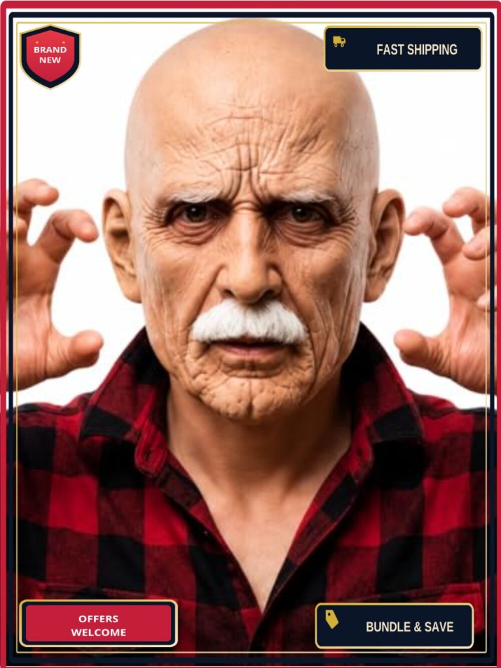 Realistic Old Man Latex Full Head Costume Mask with White Mustache for